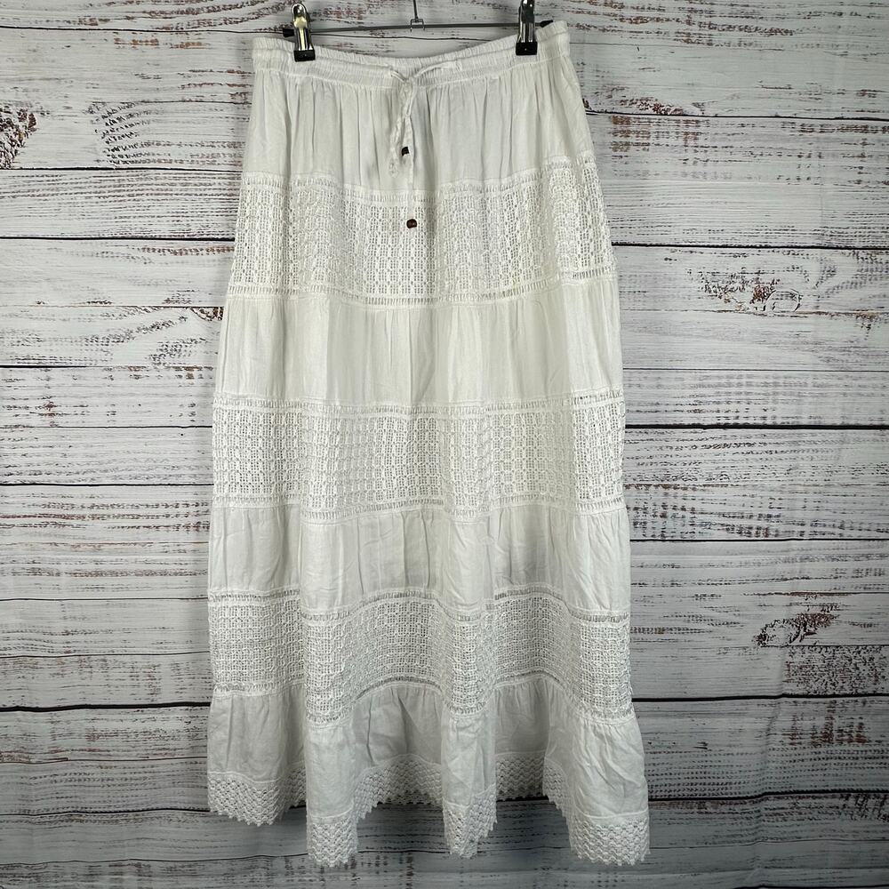 Nation AK Outfits NAOO White Tiered Maxi Skirt Cotton Crochet Boho Flowy Women M